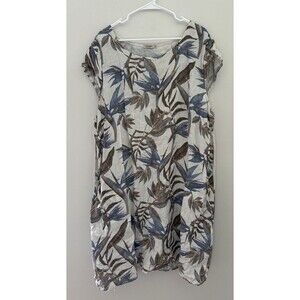 Lungo L'arno Women's Linen Navy&Brown Palms Dress Stretchy Side Panels Italy 3XL